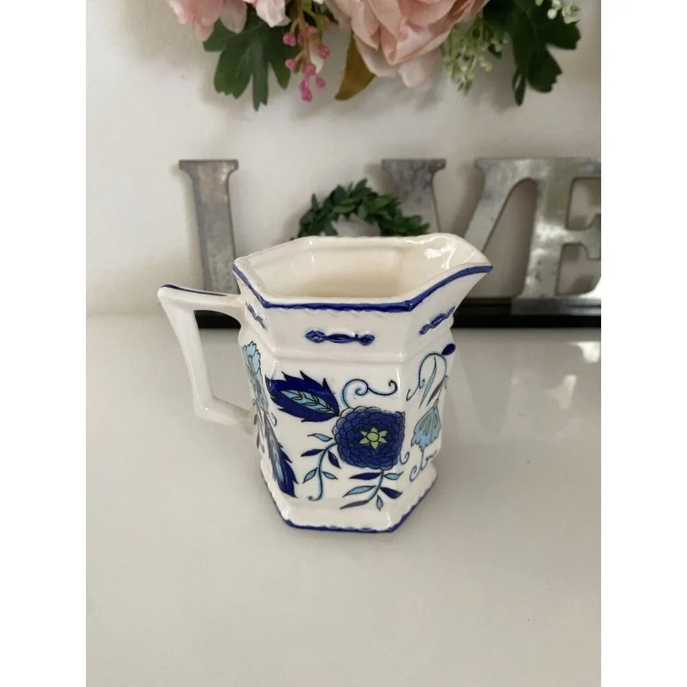 Vintage Ironstone Mann Import Blue Heirloom Hand Painted Floral Creamer 4